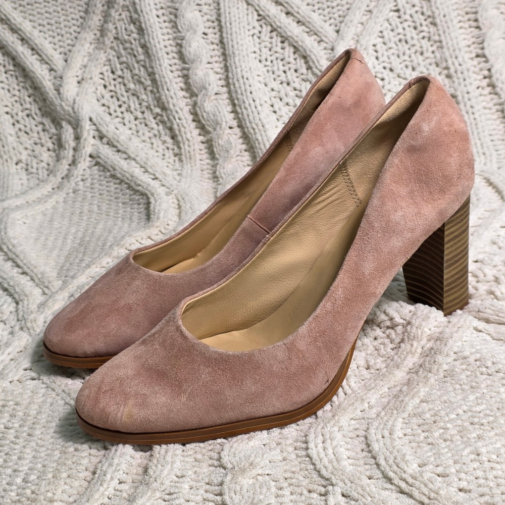 Clarks Blush Suede Block Heel Pumps